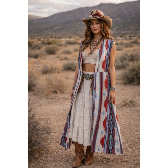 Crazy Train Tops - Crazy Train Size M Kimono Duster Aztec Tribal Southwest Print Sleeveless Long